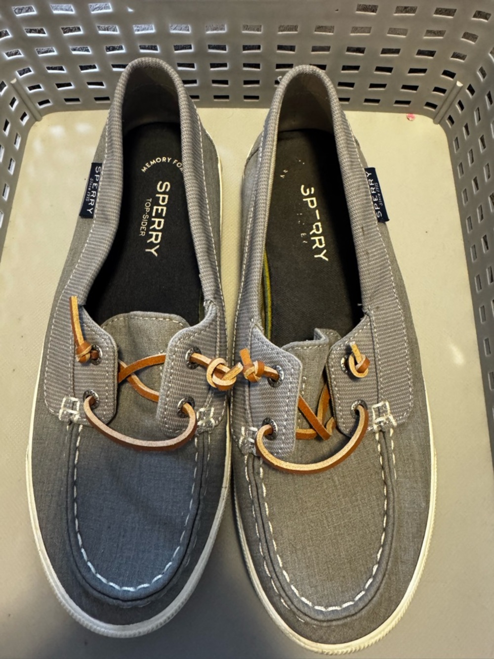 Sperry Women's Grey Canvas Boat Shoes with Tan Laces